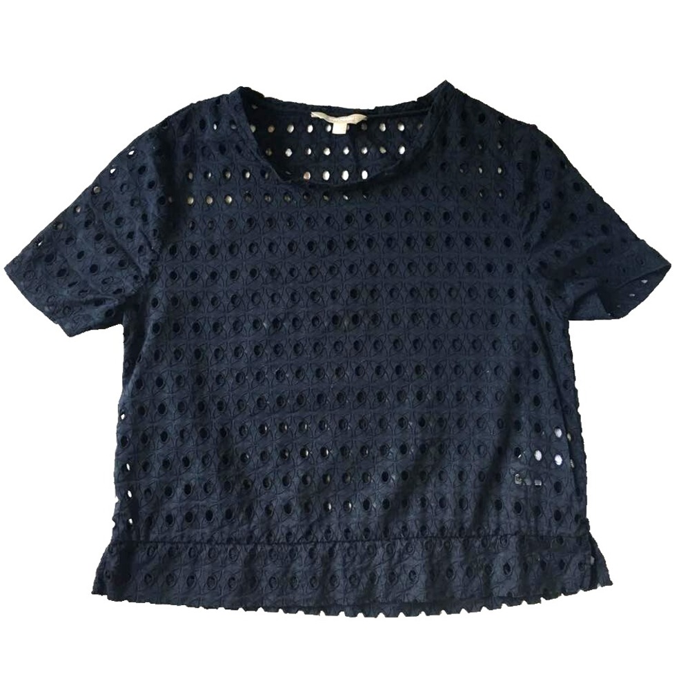 Banana Republic Eyelet Lace Top Women S 4 6 Navy Blue Cotton Coastal Boxy Preppy